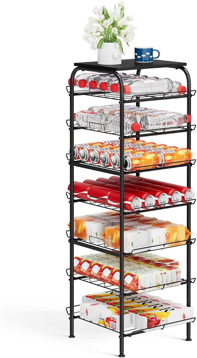 Vrisa Water Bottle Organizer 7 Tier Free Standing Water Bottle Holder Stand with Storage Shelves Beverage Drink Soda Can Rack Dispenser Metal Storage Shelf for Kitchen Pantry Party Office, Black by Vrisa
