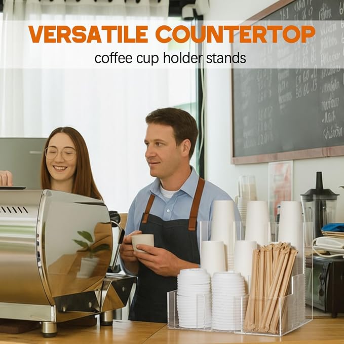 CroBlissful Acrylic Vertical Coffee Cup and Lid Dispenser, Coffee Condiment Organizer, 9 Compartment for Disposable Paper & Plastic Cup, for Cabinet Station Home Countertop Bar 13''l x 13''w x 12''h - Image 6