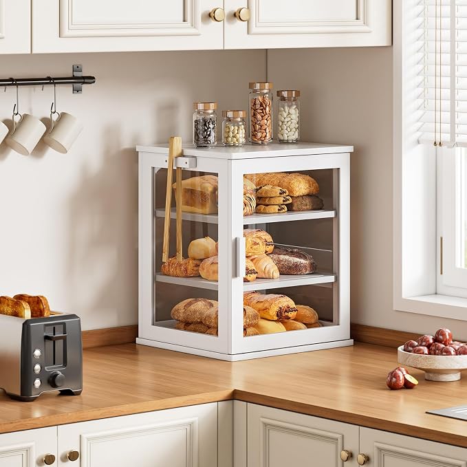 WOWLIVE Bread Box for Kitchen Countertop, 3 Layers Bread Storage Container | Large Bamboo Bread Bin for Homemade Bread with Window, Farmhouse Breadbox Organizer for Kitchen, Cabinet, White, Extra Large - Image 2