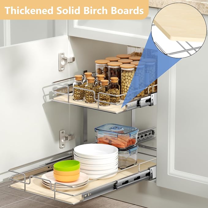 ROOMTEC 2 Tier Individual Pull Out Cabinet Organizer 13½"W x 21½"D, Slide Out Wood Shelves Organizers, Pull Out Drawers Organization and Storage for Kitchen Cabinet - Image 2