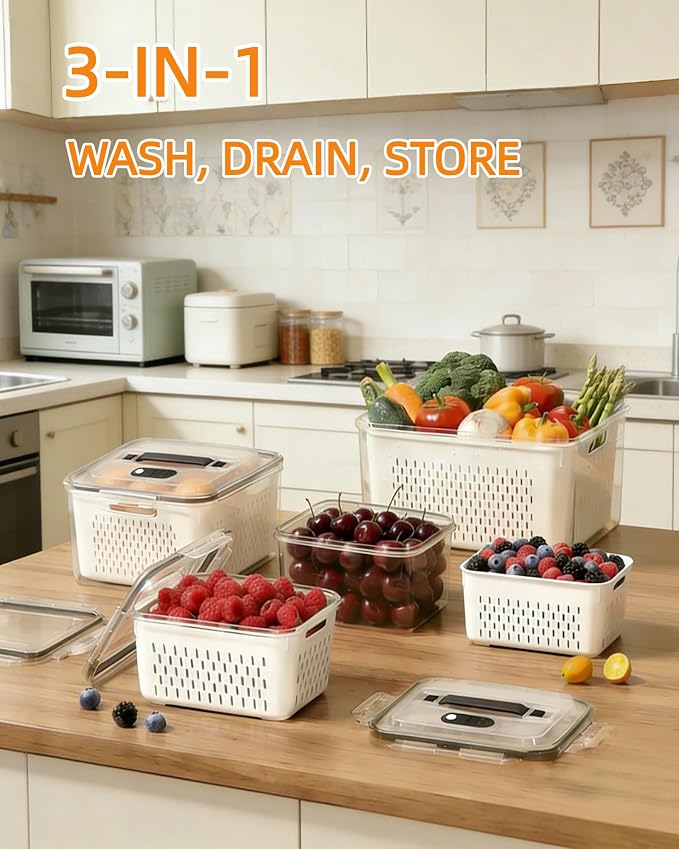 SnowSky 4PCS 2-in-1 Fruit & Veggie Fresh Box with Detachable Colander & Divider – Airtight Leak-Proof Fridge Storage Container with Lid for Berry, Meal Prep, Kitchen - Image 8