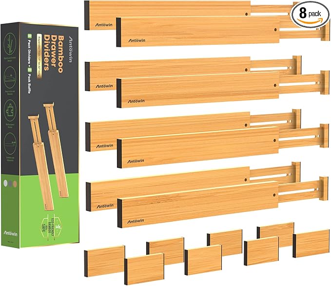 Bamboo Drawer Dividers Organizers 16pcs, Expandable Drawer Separators Splitter, 17-22 inches Long Adjustable Spring-loaded Organizer for Large Utensil, Clothes, Tools Drawers (8+8) by ANTOWIN