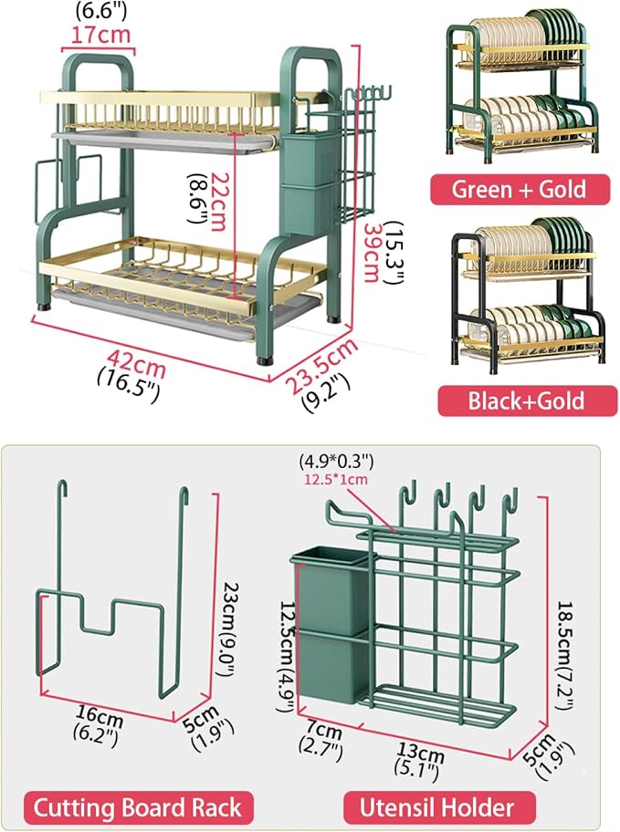 CAKERS Dish Drying Rack with Removable Drain Tray|Carbon Steel Dish Strainers for Kitchen Counter|Tableware Holder Dinnerware Drainer Organizer,Black Gold,2 Tier-Main Shelf with Set - Image 2