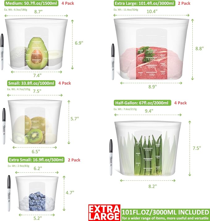 100% Silicone Reusable Storage Bag, 16 Pack Stand-Up Wide-Mouth Zip-Lock Food Storage Bags, Easy-Fill Easy-Open Easy-Clean Space-Saving, Microwave & Dishwasher Safe, 2 XL/4 L/4 M/4 S/2 XS, Translucent - Image 3