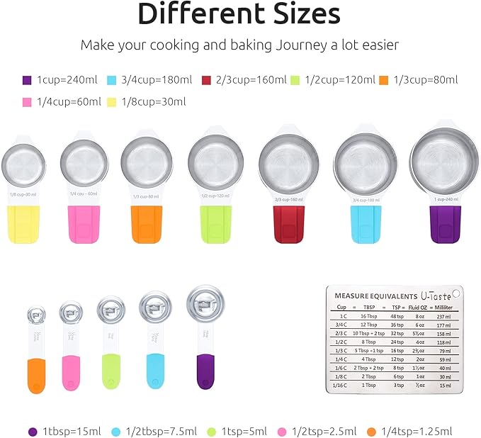 Measuring Cups, U-Taste Magnetic Measuring Cups and Spoons Set of 13 in 18/8 Stainless Steel: 7 Measuring Cups and 5 Measuring Spoons with 1 Professional Magnetic Measurement Conversion Chart | Heavy Duty Magnetic Measuring Cups, Measure Spoon All in O... - Image 2