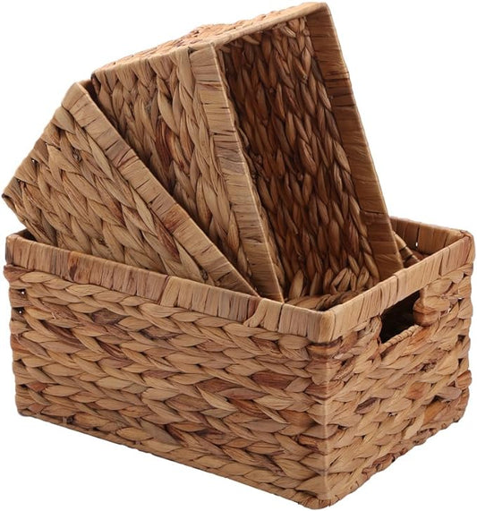 Storage Baskets,Woven Natural Water hyacinth Box with Handle,Kingwillow.(Set of 3) by KINGWILLOW