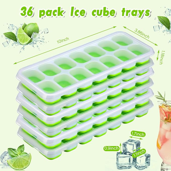 Rtteri 36 Pack Ice Cube Trays Silicone Ice Tray for Freezer Flexible 14 Cube Molds Easy Release Stackable Trays with Lid for Drinks Cocktail Coffee Baby Food (Green) - Image 2