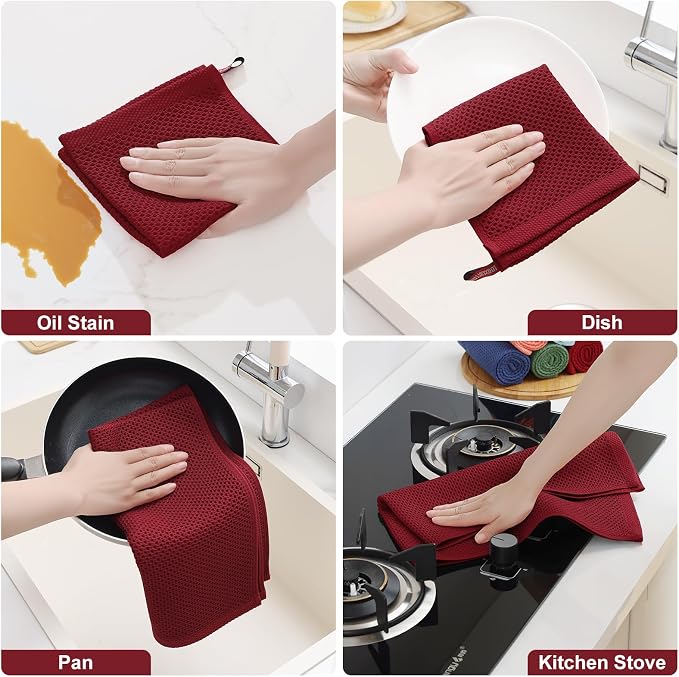 Homaxy 12 Pack 100% Cotton Kitchen Towels and Dishcloths Set, Burgundy | 12 x 12 Inches and 13 x 28 Inches Kitchen Towels Set, Ultra Soft Absorbent Dish Cloths for Washing Dishes - Image 5