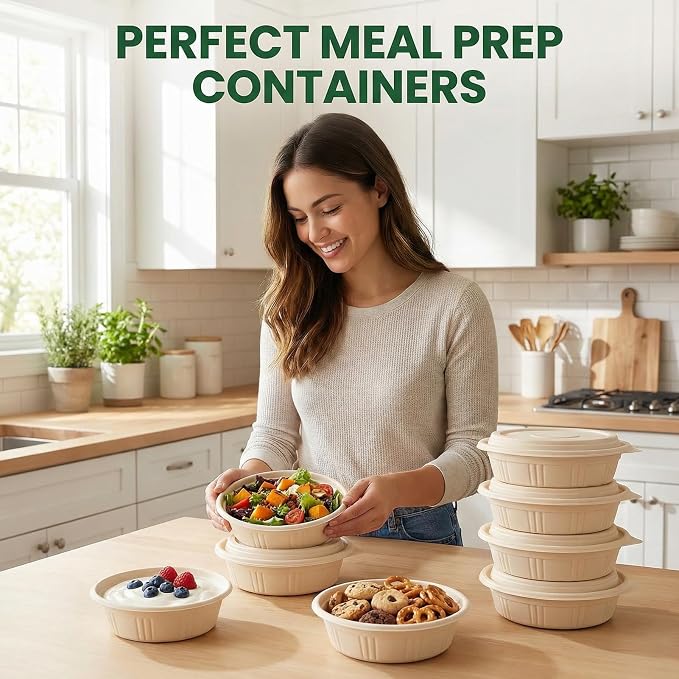 100 Piece (50 Pack) Meal Prep Bowl Containers with Lids, Cornstarch Round Food Containers for Lunch Salad Deli Soup, BPA Free Plant-based Take Out Containers Microwave & Freezer Safe, 16 oz - Image 2