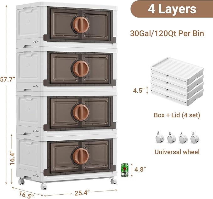 BROVIEW 480Qt Lockable Stackable Storage Bins with Lids, Closet Organizers and Storage Drawer, Collapsible Storage Bin with Wheels, Plastic Cabinet for Toy Clothes Dorm Organizer, V9 4 Pack Brown - Image 2