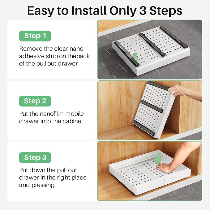 Pull out Cabinet Organizer, Expandable(12"-20") Heavy Duty Slide out Drawers Fixed with Adhesive Nano Film for Pots, Roll out Shelf Storage for Kitchen Base Cabinet, Pantry, Bathroom Cupboard - Image 8