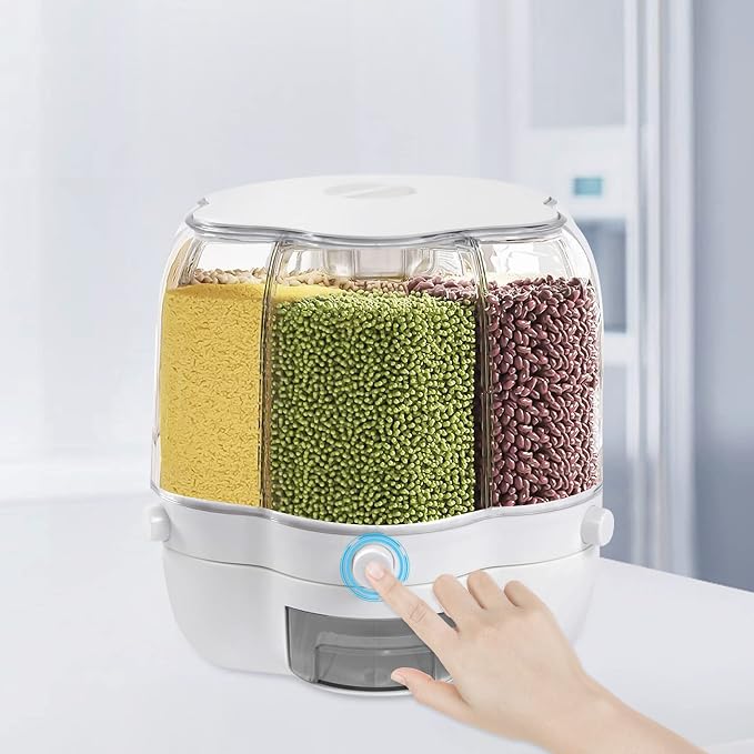 360° Rotating Grain Dispenser With 6 Grids, 13.2lbs Large Capacity Grain Dispenser Rotating Kitchen Storage Containers With Sealed Lid For Peanut Barley Millet And Cereal (White, 17.6 lbs) - Image 4
