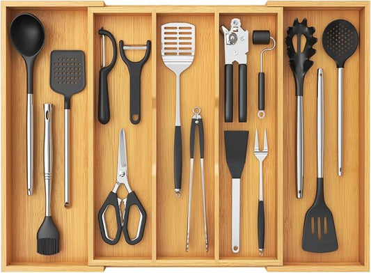 Lifewit Utensil Organizer for Kitchen Drawer, Expandable Cooking Utensil Tray, Cutlery Silverware Flatware Holder, Wood Adjustable Spatula Tools Storage Divider, 15.6-28 x 18.5, Natural by Lifewit