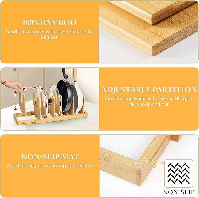 MinBoo Bamboo Expandable Pot Lid Organizer, Pot and Pan Organizer Drawer Organizer for Pot Lids, Adjustable 10 U-Shaped Dividers for Kitchen Cabinet Organizers and Storage (Bamboo-1) - Image 4