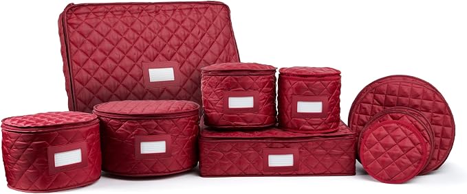 Covermates Keepsakes Dish Storage Set – Padded China & Dinnerware Storage Cases with Dividers, Cup & Stemware Storage, Quilted Polyester Protection, ID Window, Red by Covermates