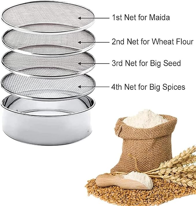 Flour Sifter, Stainless Steel Fine Mesh Strainers Flour Sieve, Sieve Fine Mesh Kitchen Home Flour Sieve with 4 Different Design Shape Disks (Jaali), Aata Chalani Durable Professional Round - Silver - Image 2