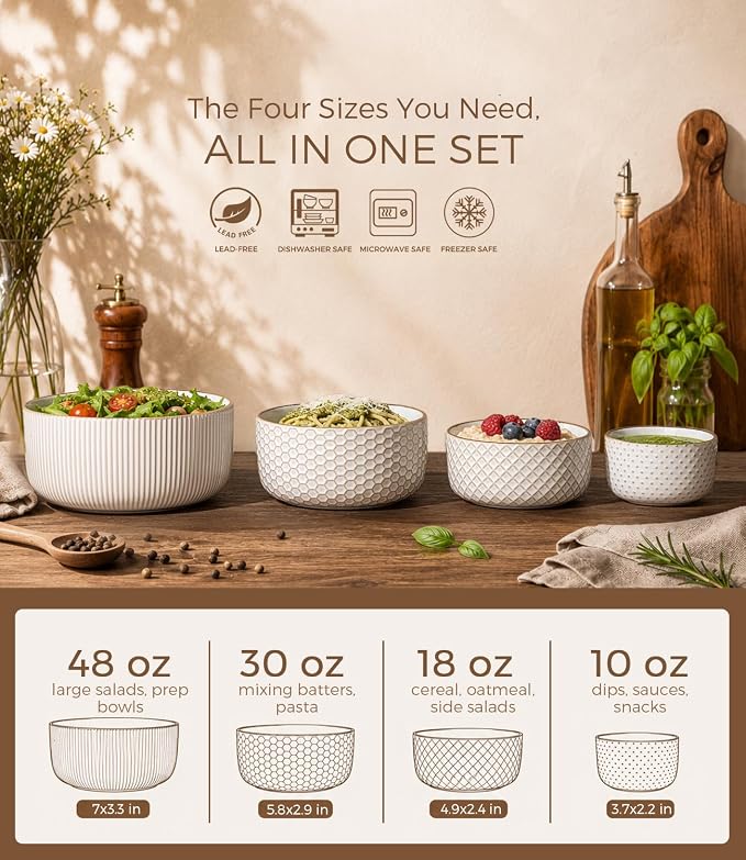 GBhome Ceramic Mixing Bowls Set of 4, Stoneware Nesting Serving Bowls | 48/30/18/10 oz For Prep, Baking, Serving, Gift, Microwave and Dishwasher Safe, Embossed Dishware Collection-Off White - Image 4