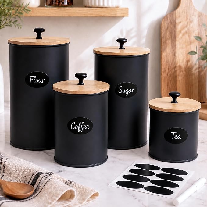 Kitchen Canister Set of 4 Airtight Metal Containers with Bamboo Lids, Black | Flour sugar coffee tea canisters set with bamboo lids, customizable chalkboard labels & marker pen - Image 7