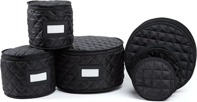 Covermates Keepsakes Dish Storage Set – Padded China & Dinnerware Storage Cases with Dividers, Cup & Stemware Storage, Quilted Polyester Protection, ID Window, Black by Covermates