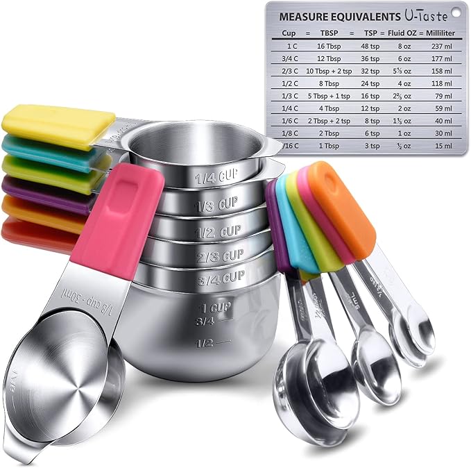 Measuring Cups, U-Taste Magnetic Measuring Cups and Spoons Set of 13 in 18/8 Stainless Steel: 7 Measuring Cups and 5 Measuring Spoons with 1 Professional Magnetic Measurement Conversion Chart | Heavy Duty Magnetic Measuring Cups, Measure Spoon All in O... by U-Taste