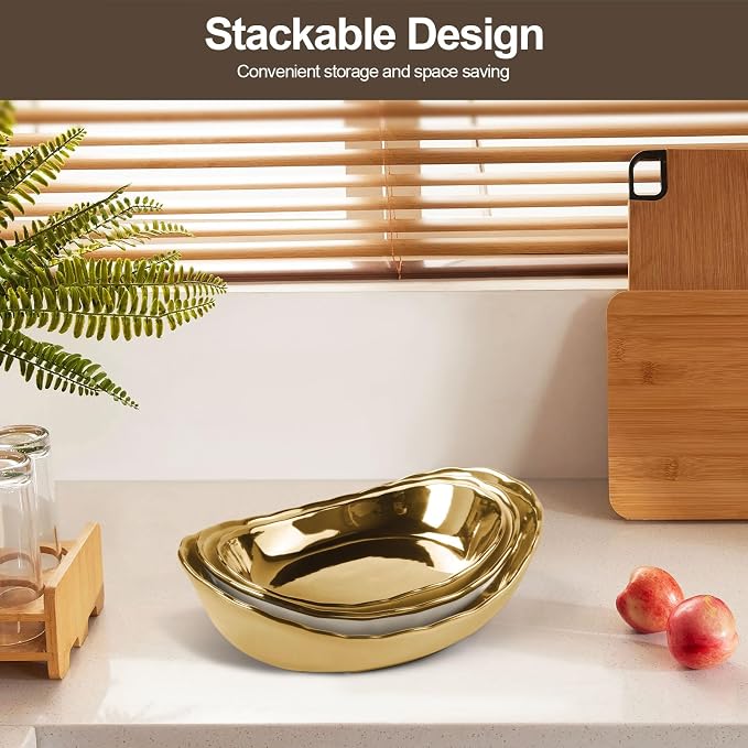 3 Tier Fruit Basket for Kitchen Counter, Detachable Ceramic Fruit Bowl Set with Metal Stand, Tiered Fruit Holder for Fruit Vegetable Snack Dessert Storage, Countertop Organizer for Home, Gold - Image 3