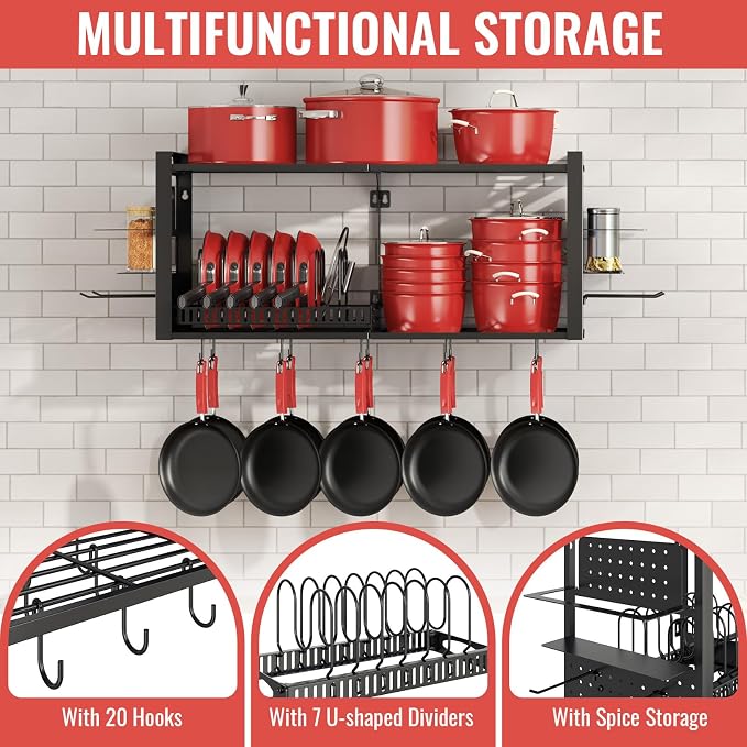 31 Inch Pot Rack Wall Mounted，3 in 1 Pots and Pans Organizer with 2 tier Kitchen Racks & Pot Lid Organizer Holder and 20 Hooks,Heavy Duty Hanging Pot Hanger for Kitchen Cookware, Utensils, Black - Image 5