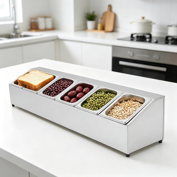 6Pans Pizza Topping Station Organizer Container Food Prep Condiment Caddy | Ingredients Holder Spice Rack Stainless Steel Candy Container Set with 6 Pans & Lids, Food Truck Restaurant Kitchen Buffet - Image 7