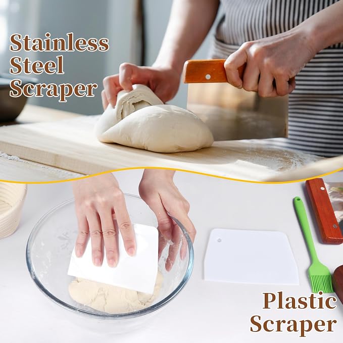 Banneton Bread Proofing Basket Set, 11 Inch Sourdough Proofing Basket and Bread Baking Supplies-Bread Lame, Danish Whisk, Bowl & Dough Scraper, Brush, (3 Bread Proofing Baske and Jar) - Image 4