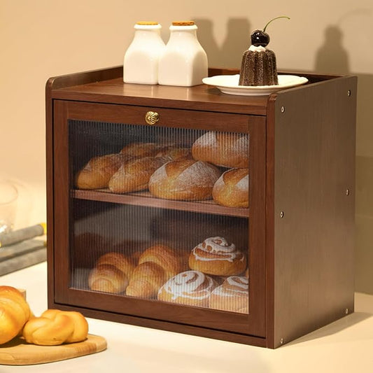 Wood Bread Box for Kitchen Countertop with Deli Paper, Walnut | Solid Pine Wood, 2-Tier Large Capacity, Included 50 Deli Papers, Vintage Farmhouse Breadbox, Wooden Bread Storage Container by CheerNest