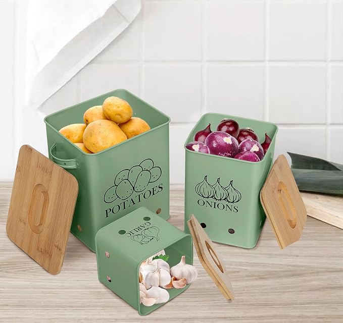 Kitchen Canisters Set, Storage Bin for Potato Onion & Garlic, 3 Pack Set Countertop Pots Containers with Wooden Lid - Potato Storage, Garlic Bin, Onion Keeper Tin with Aerating Holes-Green - Image 4