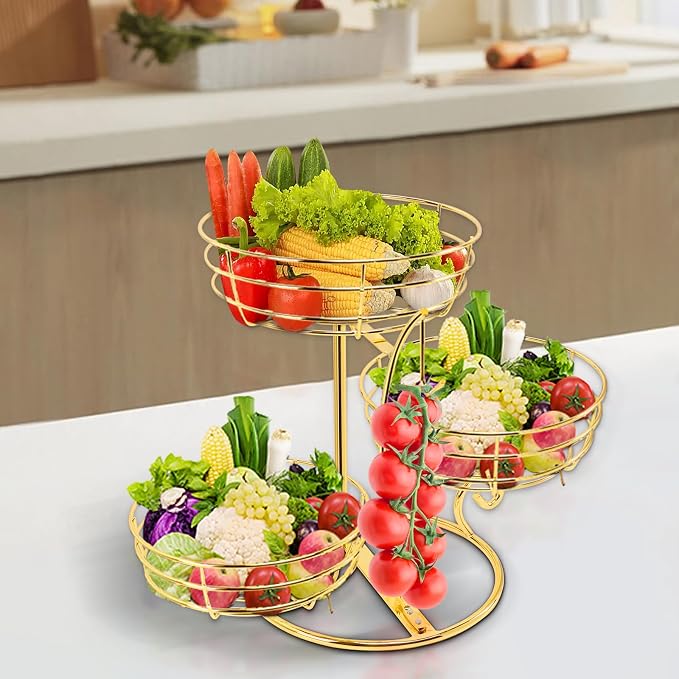 Livabber Fruit Basket Bowl with Banana Hanger, Fruit Vegetable Storage Basket with Banana Tree Holder for Kitchen Counter, Detachable Organizer for Bread Snack Produce (Gold, 3-Tier Metal Base) - Image 8