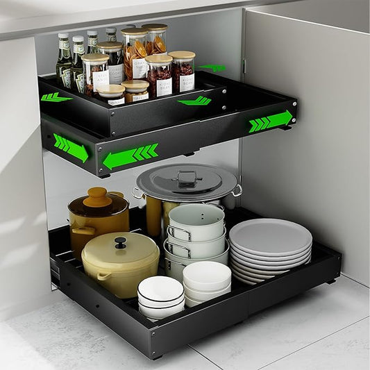 Expandable Pull Out Cabinet Organizer, Adjustable Width 12"-19" & Depth 16.5"-22", 4-Side Extension, 5 Slide Rails for Heavy Duty Use, Adhesive Roll Out Shelves for Kitchen Cabinets, Black 1PCS by PARTNERJOY