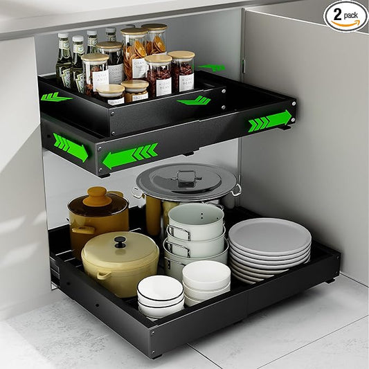 2 Pack Expandable Pull Out Cabinet Organizer, Width (12"-19" ) & Depth (16.5"-22")No Drill Adjustable Cabinet Pull Out Shelves for Kitchen,Pantry, Adhesive Roll Out Shelves for Kitchen Cabinets-Black by PARTNERJOY