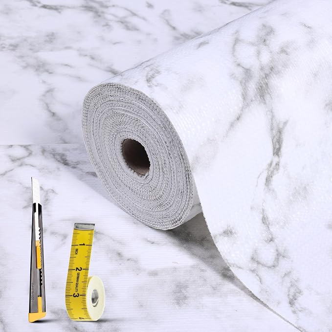 2-Layer Drawer and Shelf Liner for Kitchen Cabinet: 23.6in X 40Ft Non Slip | Waterproof Shelf Paper Non Adhesive Refrigerator Liners White Marble Easy Liners for Bathroom with Knife Tape Measure by Kimhan