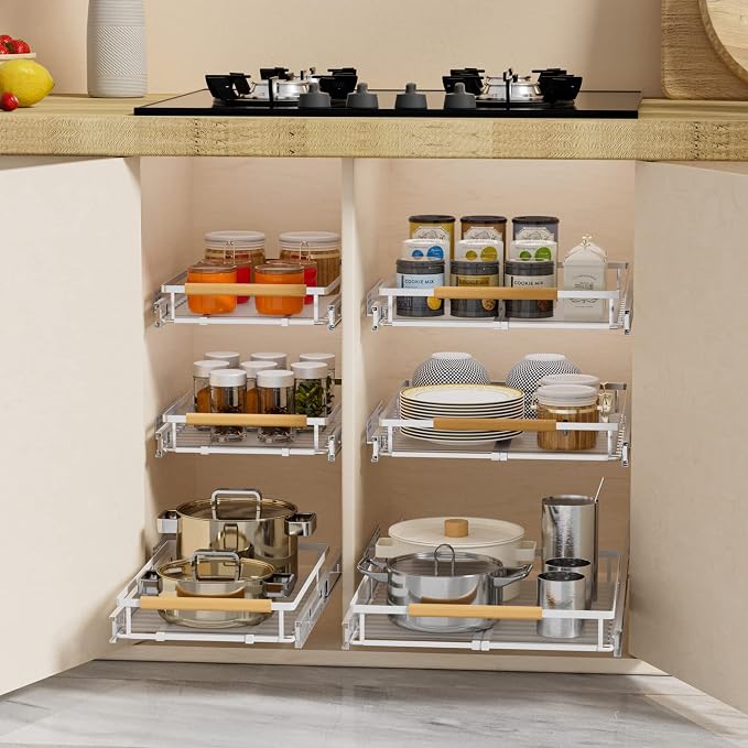 SANNO Pull Out Cabinet Organizer, Slide Out Cabinet Shelf,Under Sink Slide Out Cabinet Organizer, Pots Pans Organizer Smooth Roll,Expandable Width 16.1 to 26.4" W - Image 4