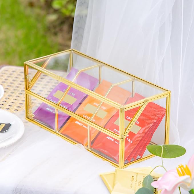 NCYP Glass Tea Bags Organizer with Lid, Small 3 Slots Teabag Storage Box, Indoor Counter Teabag Display Case, Kitchen Cabinet Gold Decor, 8.7 x 3.6 x 3.66 Inches (Glass Box Only) - Image 9