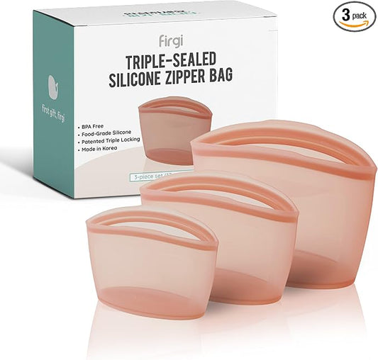 Reusable Silicone Food Storage Bags, 3-Pack Variety Set (2, 3.5, 6 Cups), Made in Korea BPA-Free Silicone, Triple-Airtight Freezer Bags, Microwave Safe, Sous Vide, Zip Lock Pouch, Dry Rose by FIRGI-FirstGift