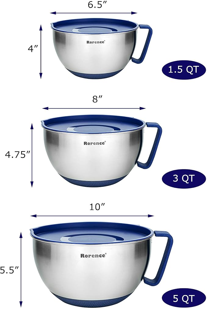 Stainless Steel Mixing Bowls Set with Lids,1.5,3 & 5 Qt,Blue | Non-Slip Silicone Base,Precision Pour Spout,Ergonomic Easy-Grip Handle,Measurement Marks,Airtight Lids,Cooking & Meal Prep - Image 2