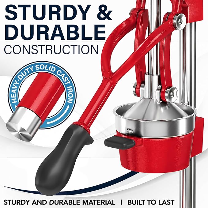 Eurolux Ultra-Premium Cast Iron Juicer | Extra-Large, Heavy Duty, Commercial Grade, Stainless Steel Manual Hand Press Citrus Squeezer For Fresh Orange Juice, Pomegranate, Lemon, and Much More (Red) - Image 3