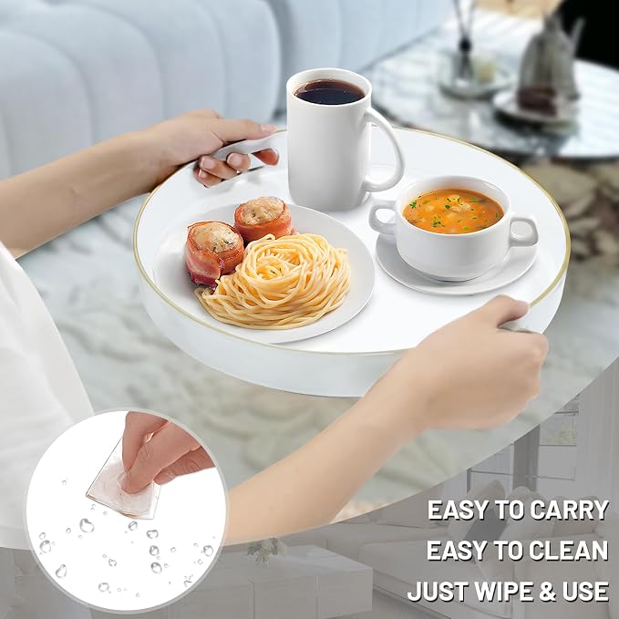 13" White Decorative Tray, Plastic Round Serving Tray with Handles | Decorative Tray for Coffee Table, Modern Ottoman Tray, Circle Tea Tray, Round Melamine Tray for Living Room, Bathroom - Image 4
