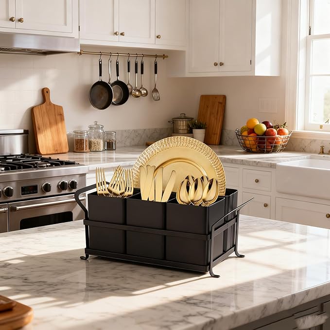 Silverware Caddy Metal Utensil Holder for Party Countertop Silverware Utensil Caddy Cutlery Flatware Organizer for Spoons Forks Plates Napkins Black - Image 6