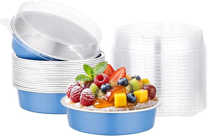 Beasea Mini Tart Pans with Lids 20 Pack, 4" 7.3oz Disposable Aluminum Foil Baking Tins Cups Round Pie Container for Individual Cupcake Dessert Muffin Cheesecake Quiche - Moon Blue by Beasea