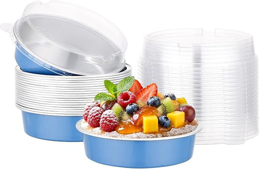 Beasea Mini Tart Pans with Lids 20 Pack, 4" 7.3oz Disposable Aluminum Foil Baking Tins Cups Round Pie Container for Individual Cupcake Dessert Muffin Cheesecake Quiche - Moon Blue by Beasea