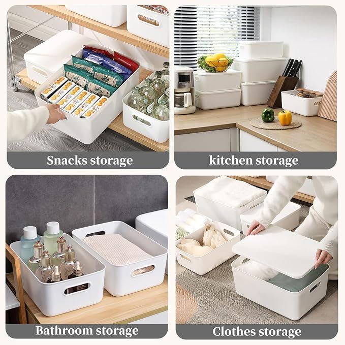 6 Piece Plastic Storage Baskets Boxes with Lids, 11.8x8x4.7 Inch Stackable Organizing Bins with Handles, White Versatile Containers for Pantry, Bathroom, Closet Shelves Desktop (White, 6M) - Image 5