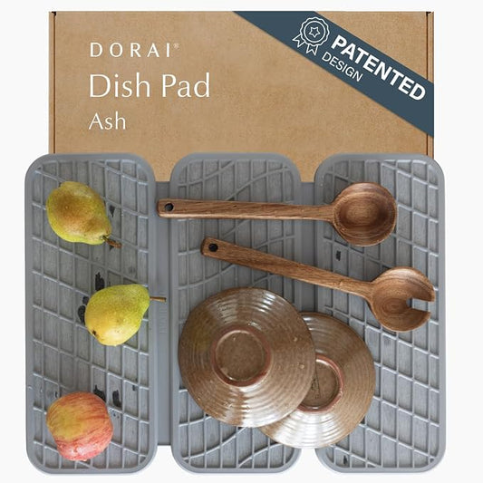 Dorai Home Dish Pad - Collapsable Stone Dish Drying Mat with Diatomaceous Earth for Quick Drying - Ultra Absorbent - Encased in Silicone - Eco-Friendly, Foldable - Original 19.9"x15.2", Ash by DoraiHome