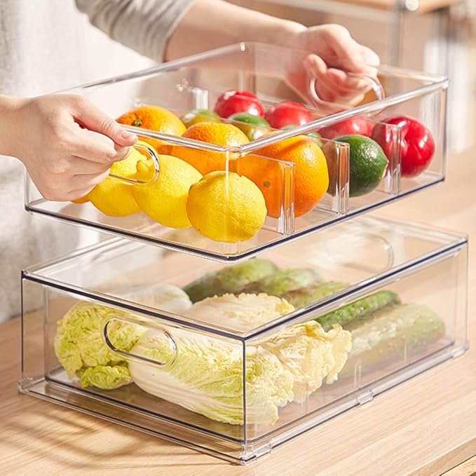 Mano Stackable Fridge Drawers Pull Out Bins with Handle Clear Refrigerator Drawers Organizer Food Storage Container Box with Dividers Plastic Produce Saver for Pantry, Cabinet, Kitchen, Clothes（7Pack） - Image 9