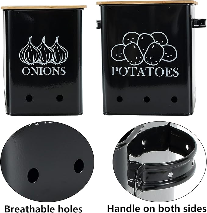 Kitchen Vegetable Storage Tins Set of 2, Onion and Potato Storage Bins with Wooden Lid and Aerating Holes, Garlic Bin Caddy, Vintage Kitchen Decor, Black - Image 2