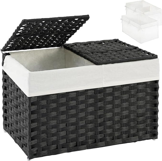 SETVSON Storage Basket with Lid PE Rattan Woven Storage Bins, 65L Black | 65L Storage Bin with 2 Separate Lids, 2 Removable Liner Bags with Divider, Sturdy Metal Frame, Foldable Side Handles by SETVSON