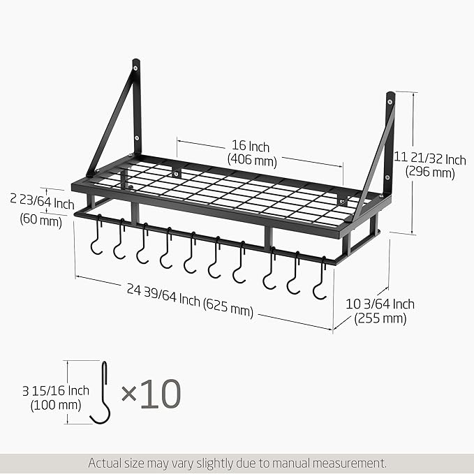 KES 24 Inch Kitchen Pot Pan Rack Wall Mounted, 10 Hooks, Matte Black | 88lbs Load Capacity, Heavy Duty, Cast Iron Pots and Pans Organizer, Hanging Storage, Wall Shelf, Space Saving, KUR215S60-BK - Image 6