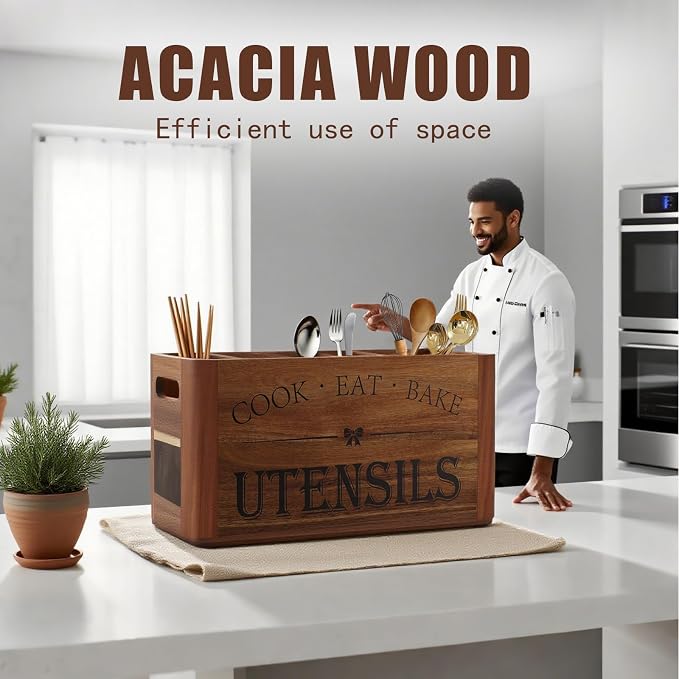 Utensil Holder for Kitchen Countertop - Extra Large 4 Compartment Wooden Organizer in Acacia Wood, Storage for Cooking Tools and Cutlery, Farmhouse Style for Home Cooking - Image 5